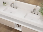 Plan vasque suspendu, double lavabos intégrés au angle arrondi L. 120 à 200 cm x 40 à 60 cm, résine minérale ACRYSTONE®  Finition lisse mate, Livraison Offerte et Rapide.